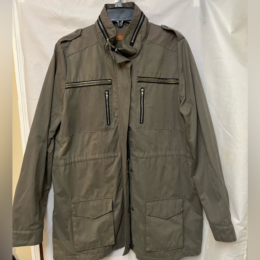 POL Men's Military Field type Jacket Coat army Olive green Zip snap front L.  EB